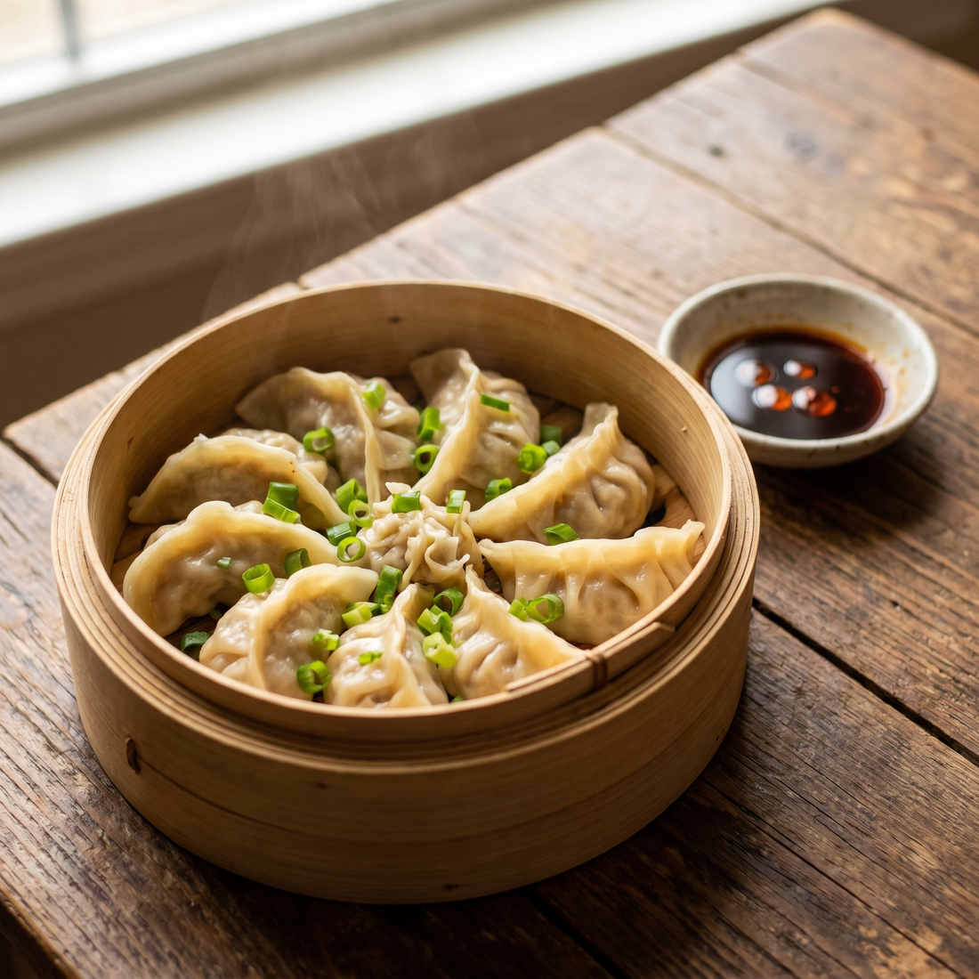 Steamed pork and cabbage dumplings in a bamboo steamer with soy dipping sauce
