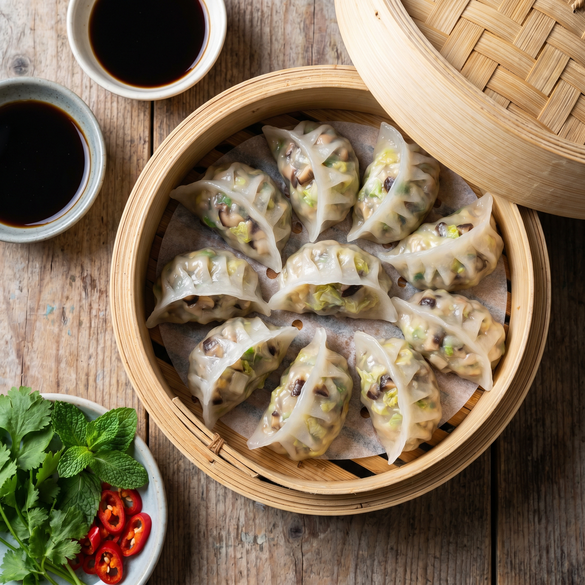 Steamed vegetable dumplings with mushroom and cabbage filling in a bamboo steamer