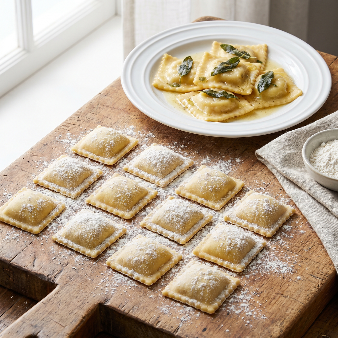Fresh homemade ravioli dusted with flour on a wooden board