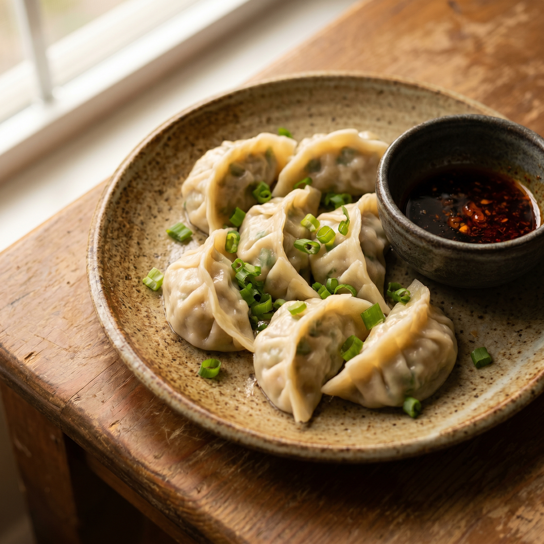 Steamed chicken and chive dumplings on a plate with chili dipping sauce