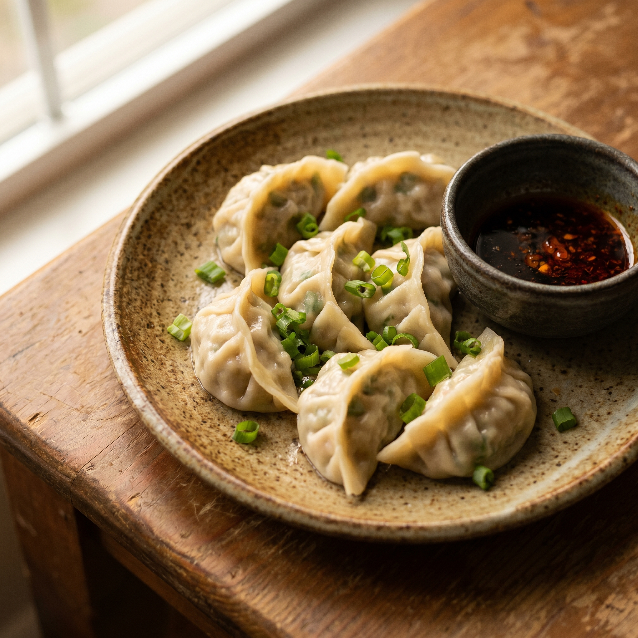 Steamed chicken and chive dumplings on a plate with chili dipping sauce