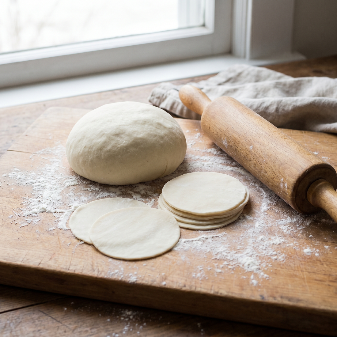 Fresh dumpling dough and rolled wrappers on a floured board with a rolling pin