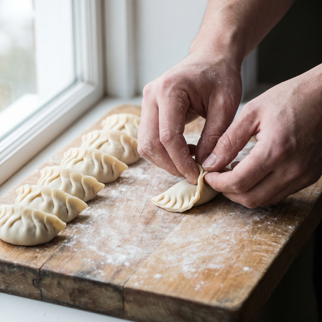 Hands pleating a dumpling beside a row of folded dumplings