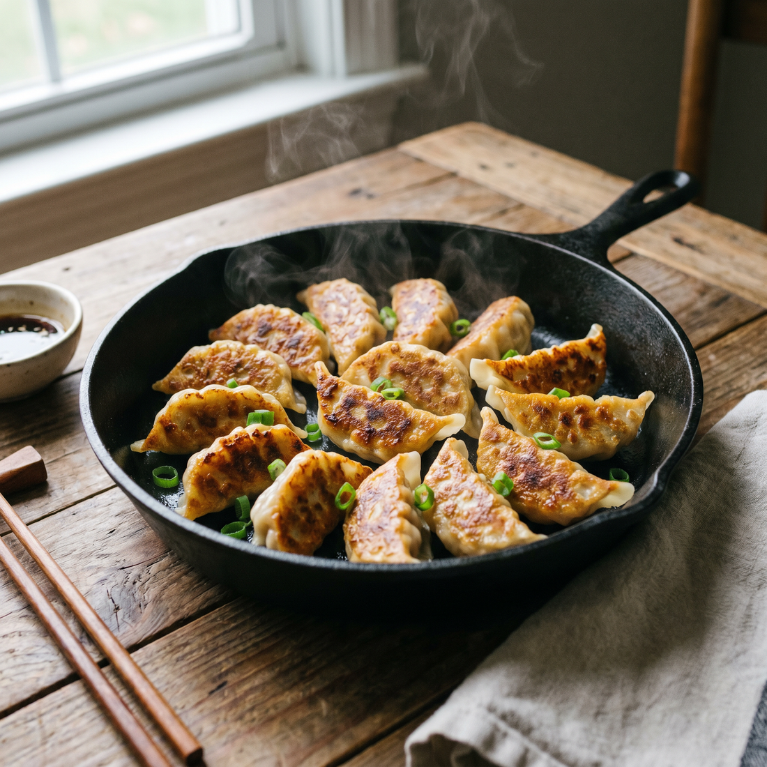 Golden pan-fried potsticker dumplings in a cast-iron skillet